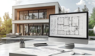Modern House Architectural Design Blueprint on Computer Screen