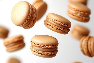 Light Brown Macarons Levitating Against White Background