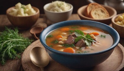 Hearty Soups with Fresh Herbs on Rustic Wooden Table | Homestyle Cooking & Comfort Food Imagery