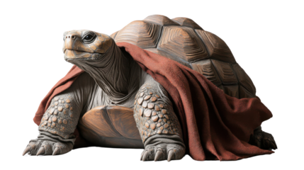 Majestic tortoise wearing a red cape on transparent background