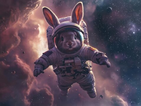 Astronaut Rabbit: A bunny in a spacesuit floats through a nebula, evoking whimsy and the spirit of exploration in a stellar scene.