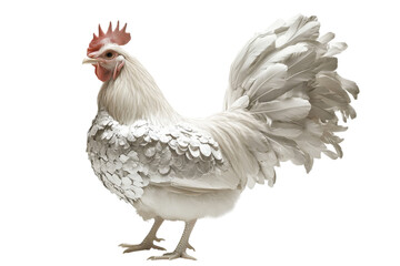 Fototapeta premium Stunning white chicken with unique feathering showcasing its striking plumage in a vibrant garden setting during daylight hours