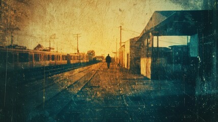 Mysterious Figure Walking Alone on Train Station at Sunset