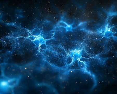 Beautiful artistic digital illustration of interconnected glowing blue structures - Powered by Adobe