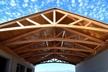 Obraz premium A Stunning View of an Architectural Wooden Roof Structure Under a Wide Blue Sky with White Clouds in a Modern Building Environment