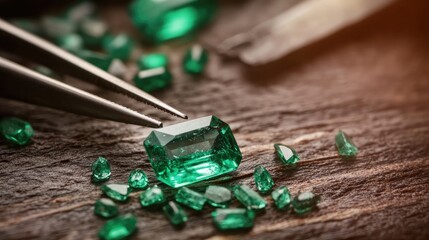 A close-up of an emerald held in precision tweezers, symbolizing expert craftsmanship.