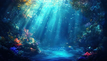 Sunbeams illuminate vibrant coral reef underwater scene