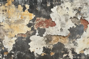 Crédence de cuisine en verre imprimé Textured Close-Up of Weathered, Peeling Paint on an Old Surface, Showcasing a Range of Colors Including Grey, Brown, and Red, Creating an Aged Urban Aesthetic