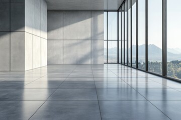 Fototapeta premium Modern Architecture: An Empty Glass-Faced Room with Concrete Walls Offering Panoramic Views of Mountains and Clear Skies in a Contemporary Urban Environment