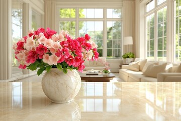 A Bright and Elegant Floral Arrangement of Pink and White Begonias in a Modern Living Room with Large Windows and Natural Light