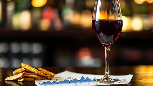 Elegant red wine glass beside tasting notes and delicious breadsticks in a cozy bar setting