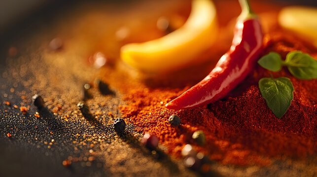 A Spicy Fusion of Flavors: A vibrant composition showcasing the fiery intensity of a red chili pepper alongside other spices, suggesting a burst of flavor and culinary creativity.