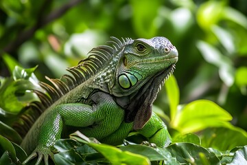 Iguana in its natural habitat depicts an iguana with shiny green scales, moving calmly among tropical trees, blending into the environment, with a long tail and strong legs