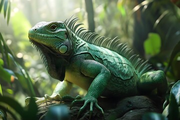 Fototapeta premium Iguana in its natural habitat depicts an iguana with shiny green scales, moving calmly among tropical trees, blending into the environment, with a long tail and strong legs