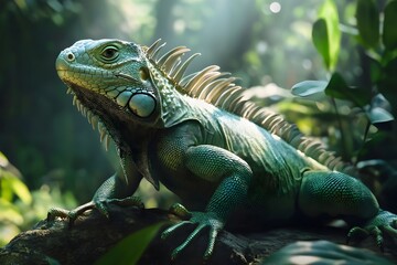 Fototapeta premium Iguana in its natural habitat depicts an iguana with shiny green scales, moving calmly among tropical trees, blending into the environment, with a long tail and strong legs