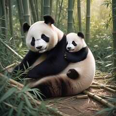 Obraz premium Panda Love in Bamboo Forest: A Mother Panda and her Cub Embrace in a Serene Bamboo Grove