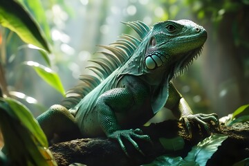 Fototapeta premium Iguana in its natural habitat depicts an iguana with shiny green scales, moving calmly among tropical trees, blending into the environment, with a long tail and strong legs