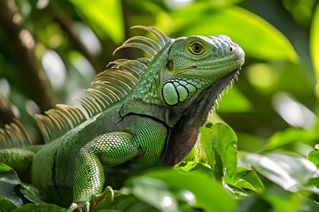 Iguana in its natural habitat depicts an iguana with shiny green scales, moving calmly among tropical trees, blending into the environment, with a long tail and strong legs