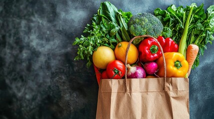 Fresh produce for a balanced healthy diet: Nourishing body with food from the shopping bag fills our lives with freshness and vitality, surrounded by vibrant colors and natural background