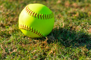 Optic yellow softball ball on grass