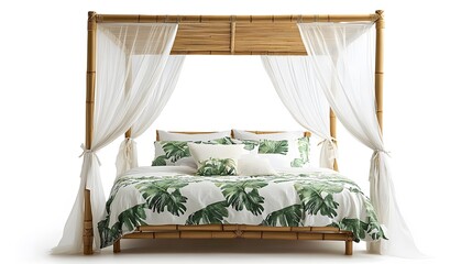A stylish beachside bed with a natural bamboo frame, tropical-themed bedding, and sheer canopy curtains on an isolate background