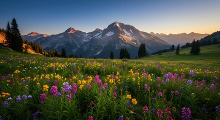 Vibrant Wildflower Meadow Majestic Mountain Sunset Landscape