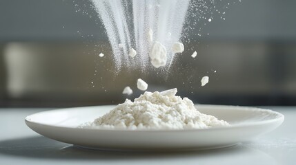Flour Falling onto Plate: Fine white flour cascades gently onto a pristine white plate, creating a dynamic display of culinary possibilities, perfect for illustrating recipes, baking concepts.