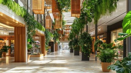 Fototapeta premium Lush Indoor Shopping Mall with Greenery and Modern Design Elements