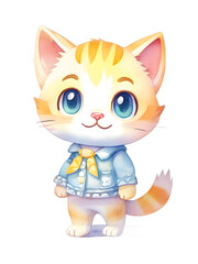 Fototapeta premium Cat Kitty Kitten Chibi Kawaii Cartoon Character Anthropomorphic Isolated Sticker Watercolor Illustration Colored Pencil Drawing
