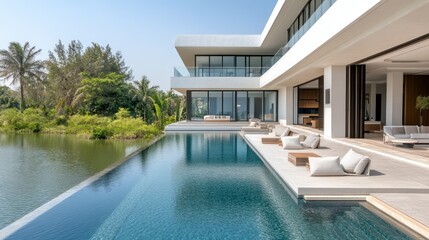 Fototapeta premium Modern villa's infinity pool overlooks tranquil lake