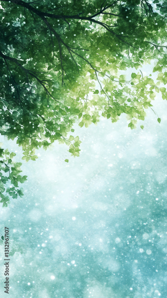 Poster watercolor painting of green leaves falling from tree branches over blurred bokeh background, creati