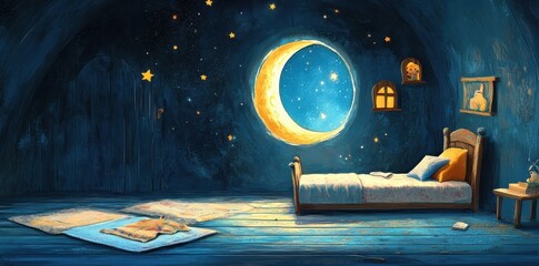 A whimsical childs bedroom featuring a crescent moon and stars