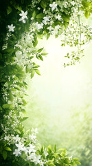 White blossoming branches framing verdant greenery, highlighting natural symmetry