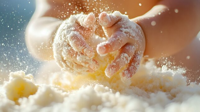 Sensory Exploration: A child's hands gleefully engage in a tactile exploration, immersed in a world of soft, powdery substance, invoking a sense of purity and joyful wonder.