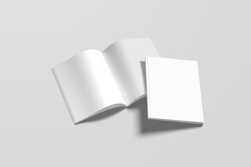 Blank a4 magazine pages with bent glossy paper and blank cover on gray background. Open and closed.