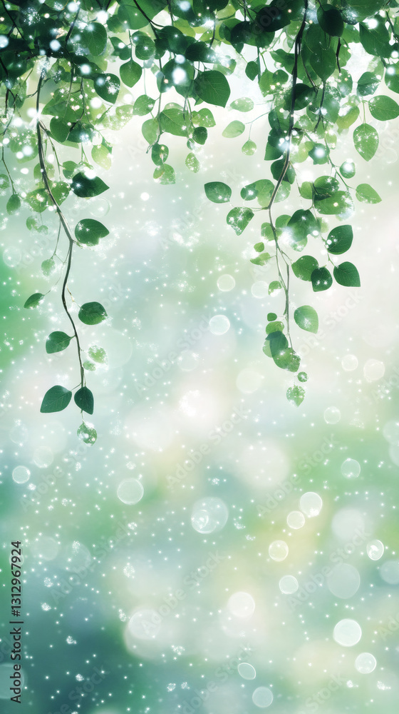 Poster green leaves drifting downwards create a magical, dreamy atmosphere, enhanced by shimmering bokeh an