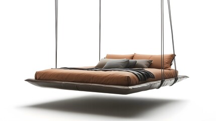 A floating bed suspended by steel cables, featuring a sleek, modern design with a leather finish on an isolate background