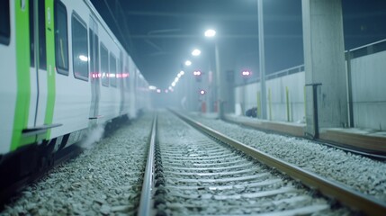 Naklejka premium Modern Light Rail Transit System at Night Depot