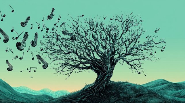 Musical notes and instruments flying from an illustrated tree
