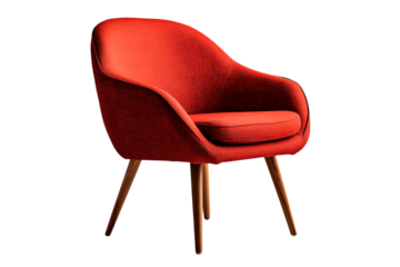 A chair with a red seat and wooden legs isolated on transparent background