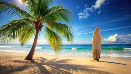 Surfboard resting on sandy beach under palm tree and clear blue sky with gentle ocean waves in the background, ocean