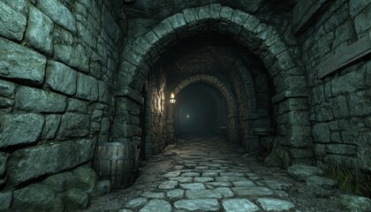 Dark Stone Passageway: Mysterious Archway and Cobblestone Path