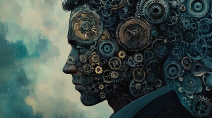 A mechanical mind portrait comprised of gears and time instruments