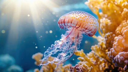 Sunlit jellyfish drifts near coral reef, ocean