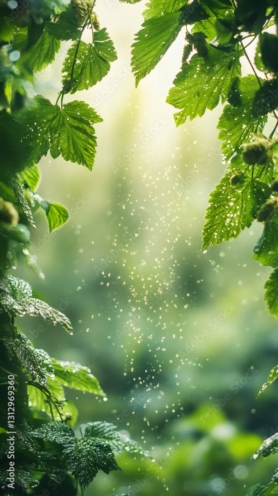 Aufkleber Sunlight filters through a canopy of hop leaves as a gentle rain falls, creating a vibrant and refreshing scene in a lush green forest