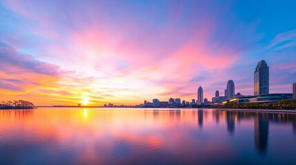 A colorful sunset over the calm water near a city skyline