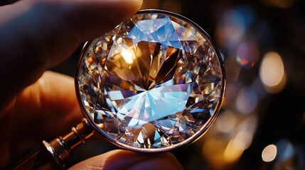 Close-up of a diamond being examined under a professional jeweler's magnifying glass.