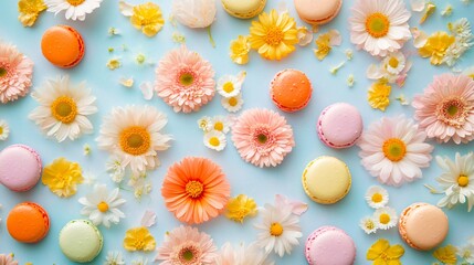 Fototapeta premium Bright Pastel Macarons and Flowers Create a Stunning Composition