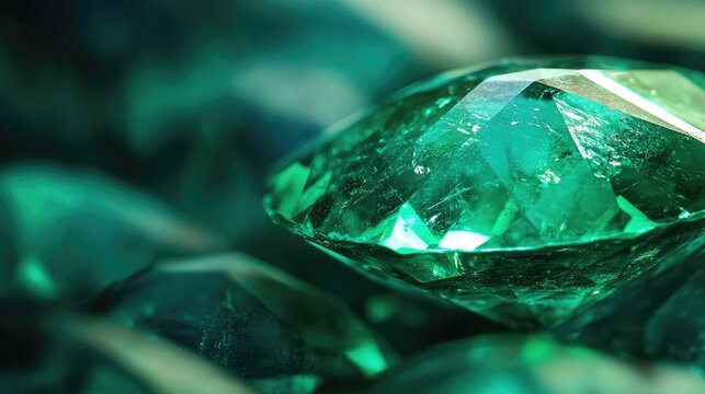 Close-up of a faceted emerald sparkling under a bright jewelry store light.