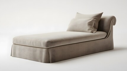 A simple and elegant daybed with a soft cushioned backrest and neutral-toned bedding on an isolate background